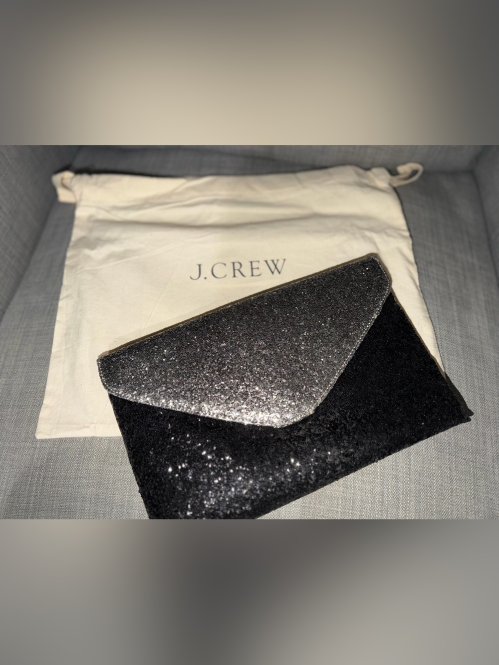 J.Crew Black Clutch with Silver Glitter Flap and Brass Chain Strap